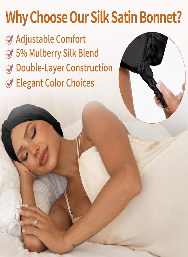 elio Adjustable Silk Satin Hair Bonnet for Sleeping with 5% Mulberry Silk – Double Layer Hair Cap for Women & Men, Extra Smooth Night Cap for Curly, Braided, Natural Hair – Silk Shower Cap (Black) - Image 2